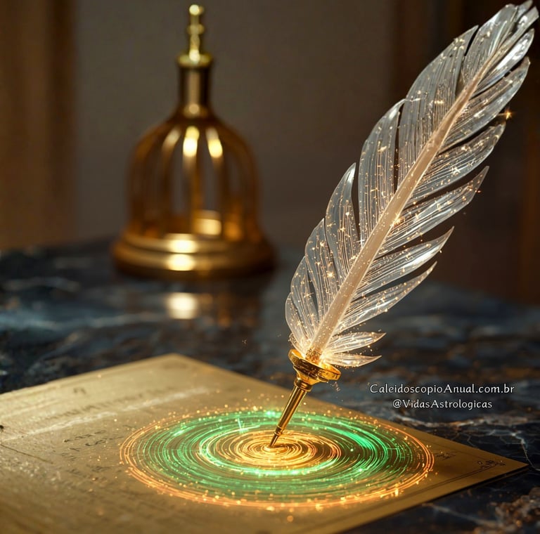 Pena de luz assinando contrato de ouro com espiral rosa e esmeralda, simbolizando acordos kármicos e prosperidade.