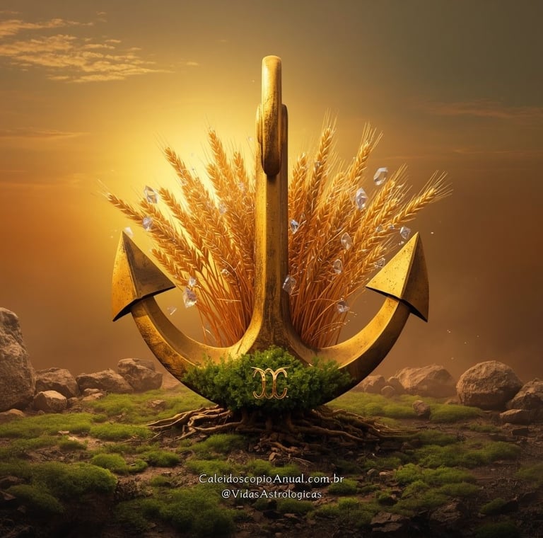 Âncora de ouro presa em terra fértil com trigo dourado crescendo, simbolizando sucesso financeiro e estabilidade.