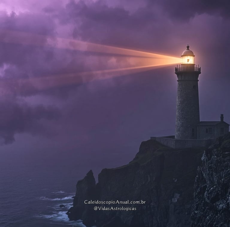 Farol de pedra firme em penhasco emitindo luz dourada que corta névoa roxa, simbolizando maturidade e clareza.