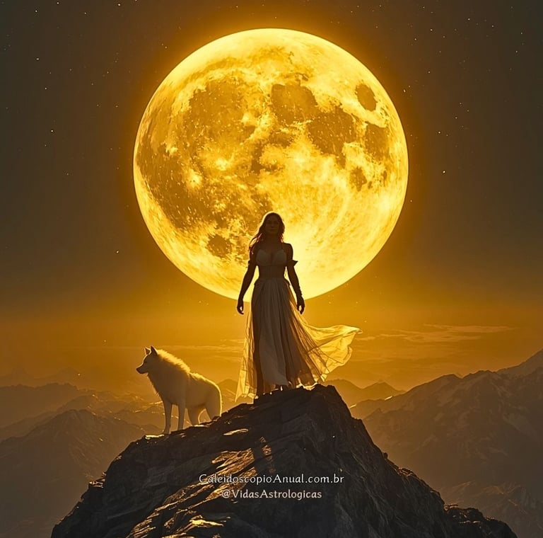 Mulher no topo de montanha sob lua cheia gigante e espírito de lobo, simbolizando autenticidade e verdade emocional.
