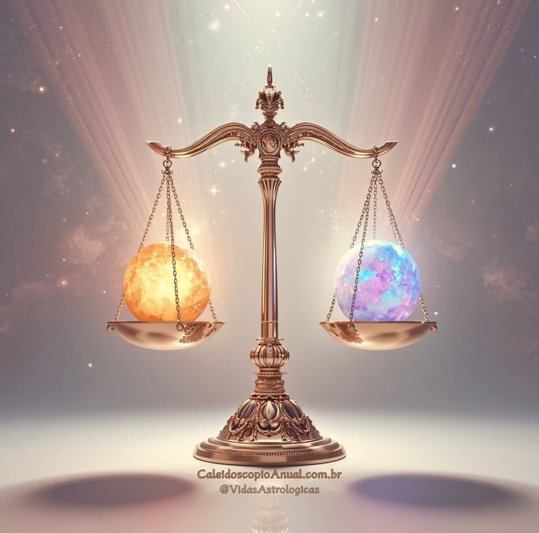 Balança de ouro equilibrando um sol de fogo e uma opala no espaço, simbolizando diplomacia e harmonia nas relações.