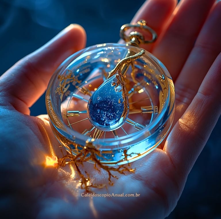 Bússola de cristal com gota de água brilhante e reflexos dourados, simbolizando a intuição como guia infalível.