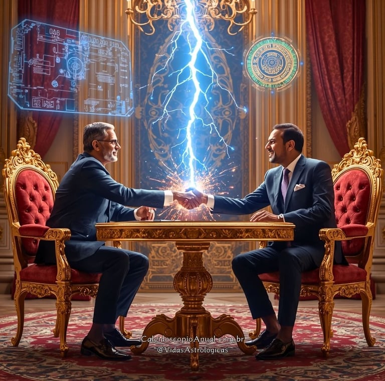 Figuras em acordo com raios elétricos entre as mãos — simboliza genialidade diplomática de Vênus em sextil com Urano.