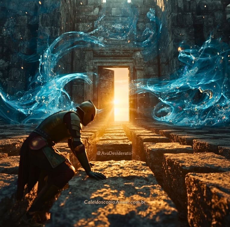 Figura em armadura de bronze assentando pedra enquanto ventos de luz se dissolvem, simbolizando a transição de Marte e Vênus.