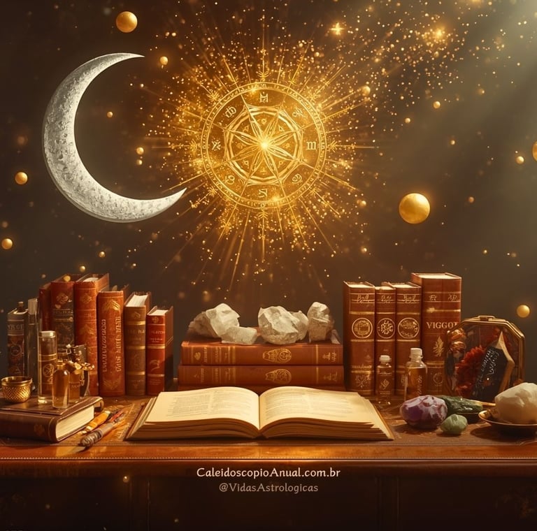 Roda da fortuna dourada e lua sobre mesa organizada com cristais, simbolizando prosperidade e sorte nos detalhes.