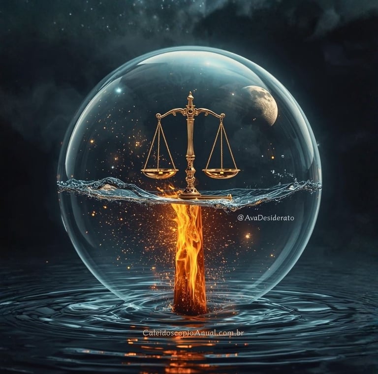 Balança equilibrada sobre uma espada de fogo dentro de uma bolha de água, representando tensão e crise emocional.