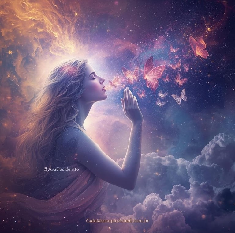 Figura mística soprando notas musicais em mar de estrelas e borboletas, representando a voz da alma e intuição.