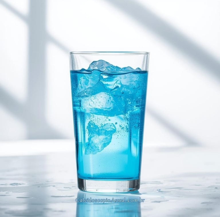 Água solarizada azul servida em um belo copo transparente com pedras de gela em um líquido azulado