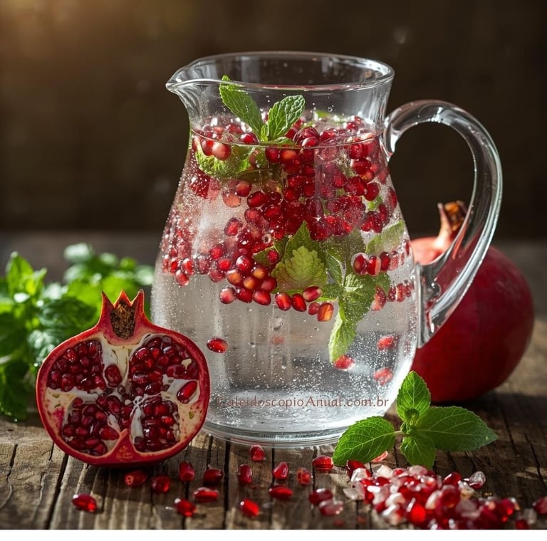 Água saborizada romã hortelã: infusão purificação renascimento fertilidade Perséfone hidratação