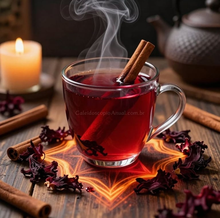 Chá hibisco e canela servido numa xícara transparente  em cima da mesa de madeira com emblema místico tendo ao fundo uma vela