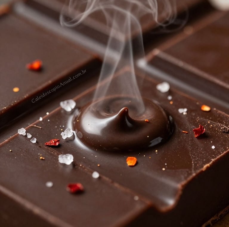 Chocolate macro close: textura cacau amargo pimenta caiena sal prazer sensorial consciente detalhes ritual