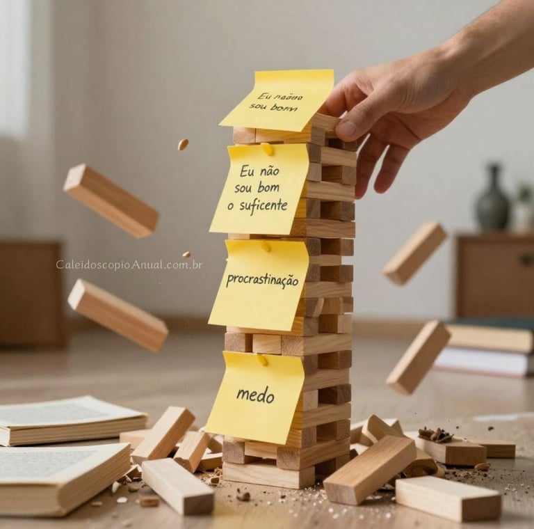 Ritual torre crenças: blocos empilhados post-it demolição peteleco libertação hábitos limitantes caos