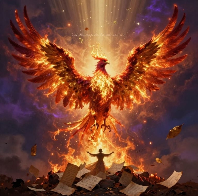 Fênix dourada renascendo das cinzas em chamas carmesim e luz do amanhecer — símbolo de transformação e renascimento.
