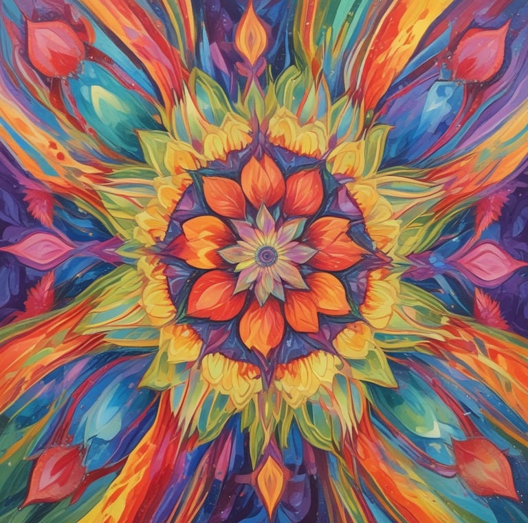 Pintura abstrata e colorida de uma flor em estilo → Caleidoscópio Anual .com.br.