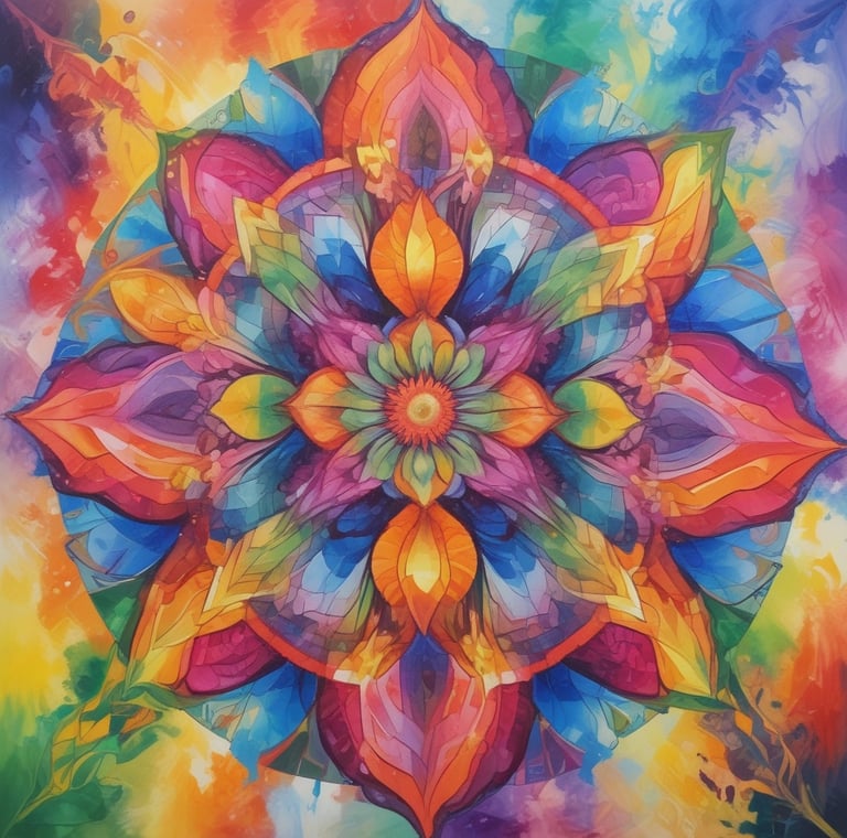 Pintura abstrata e colorida de uma flor em estilo → Caleidoscópio Anual .com.br.