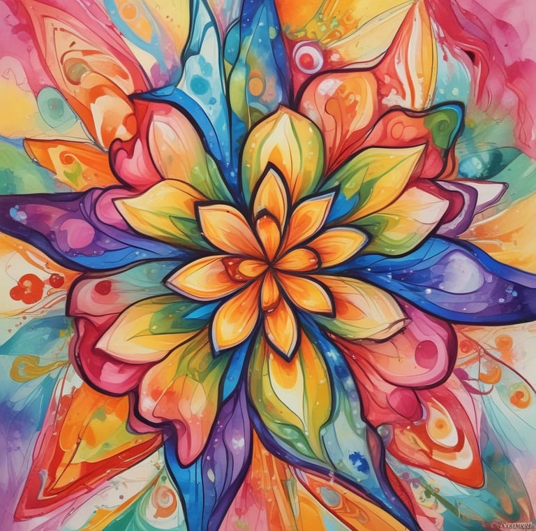 Pintura abstrata e colorida de uma flor em estilo → Caleidoscópio Anual .com.br.