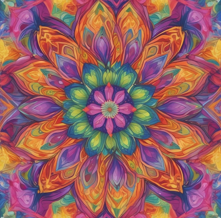 Pintura abstrata e colorida de uma flor em estilo → Caleidoscópio Anual .com.br.