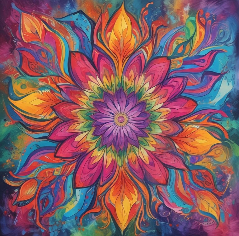 Pintura abstrata e colorida de uma flor em estilo → Caleidoscópio Anual .com.br.