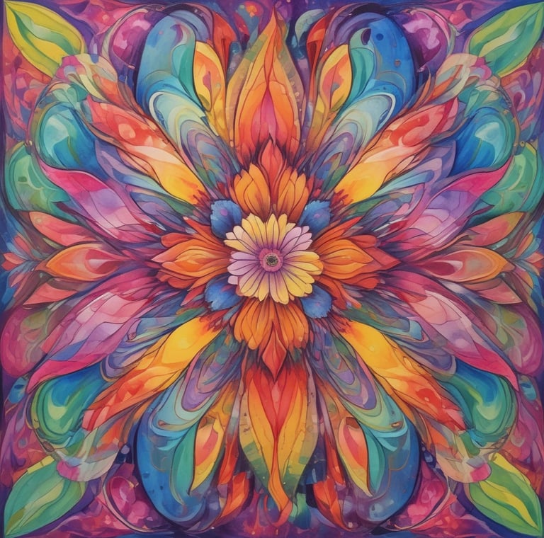 Pintura abstrata e colorida de uma flor em estilo → Caleidoscópio Anual .com.br.