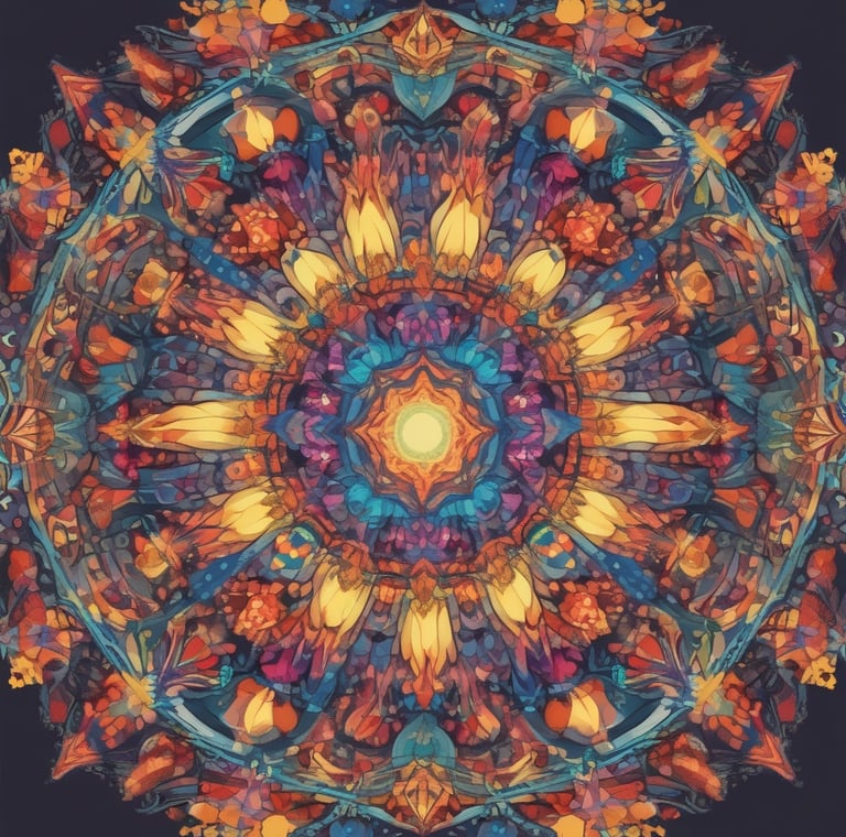 Pintura abstrata e colorida de uma flor em estilo → Caleidoscópio Anual .com.br.