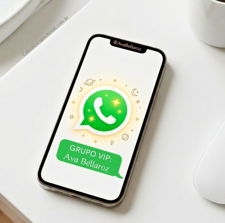 Celular com ícone do WhatsApp brilhando com estrelas e texto 'GRUPO VIP: AvaBéllaroz' na tela, sobre mesa branca.