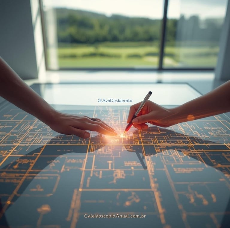 Mãos desenhando planta arquitetônica brilhante em mesa de vidro, simbolizando mente estratégica e planejamento.