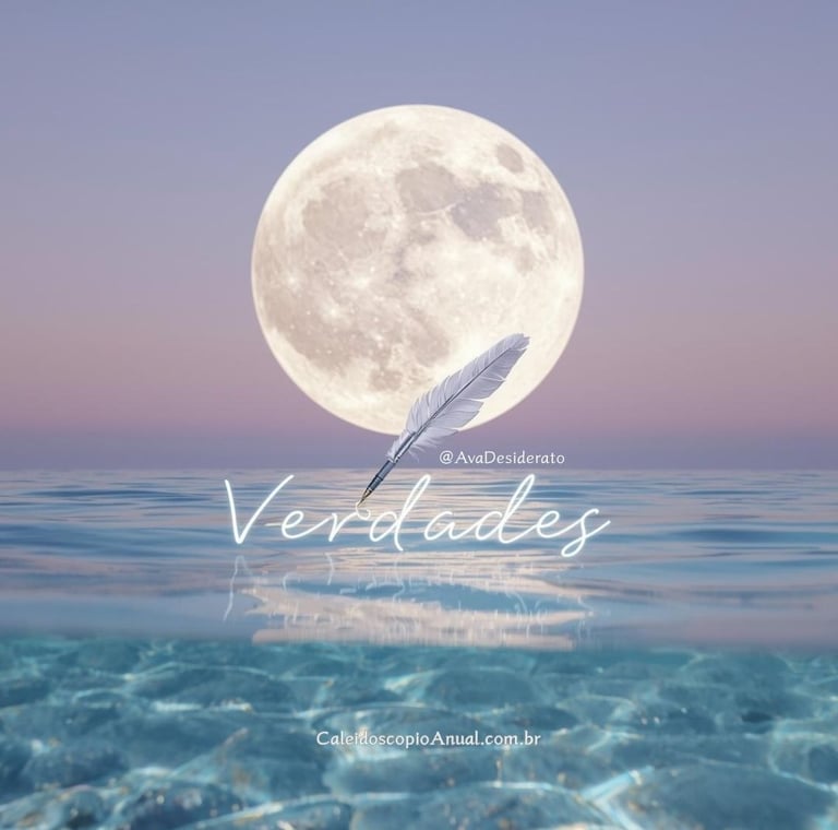 Mar calmo sob lua cheia perolada com pena de cristal escrevendo a palavra verdade, simbolizando clareza e paz.
