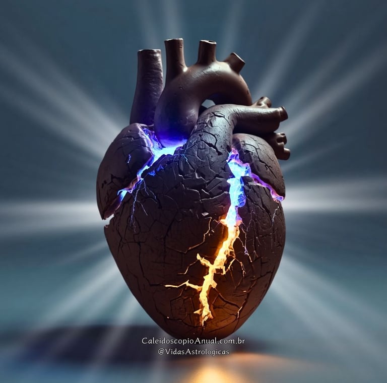 Coração de argila trincado sendo restaurado por peças holográficas de luz azul, representando a cura pela inovação.