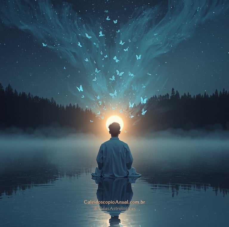 Pessoa em lago prateado com aura dourada e borboletas de luz, simbolizando inspiração divina e paz espiritual.