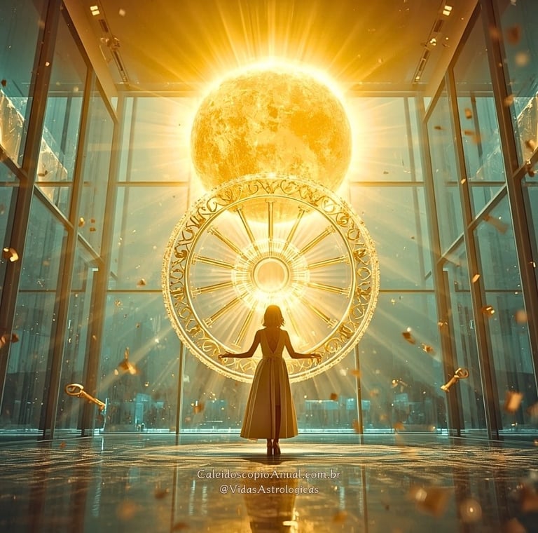 Pessoa em galeria de luz com sol e roda da fortuna de cristal, simbolizando sorte absoluta e sucesso na comunicação.