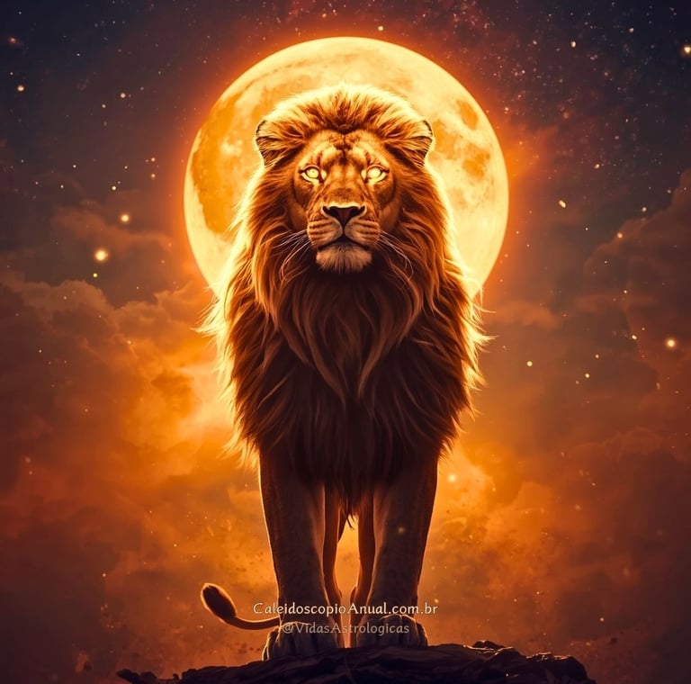 Leoa majestosa com juba dourada e aura brilhante sob céu estrelado, simbolizando autoconfiança e magnetismo selvagem.