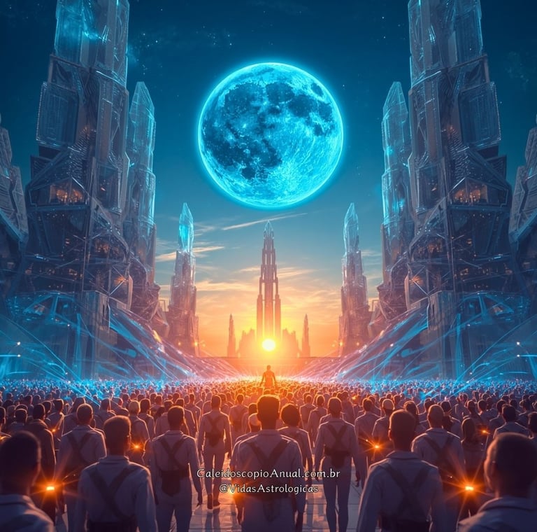 Cidade futurista sob lua azul neon e sol dourado com fios de luz, simbolizando inovação, tecnologia e despertar social.