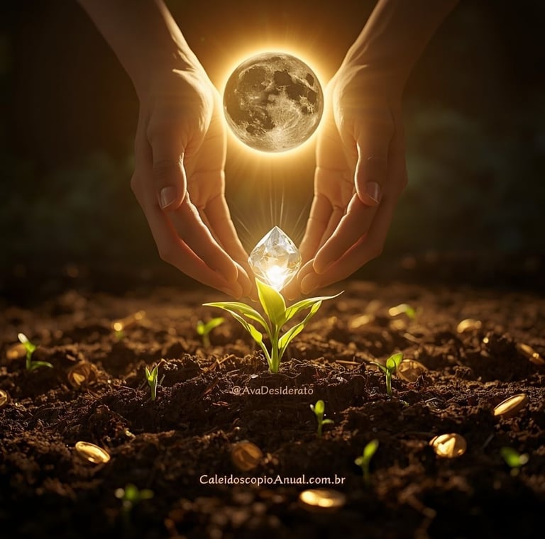 Mãos plantando semente brilhante em solo fértil sob eclipse de Lua Nova, simbolizando prosperidade e novos ciclos em Touro.