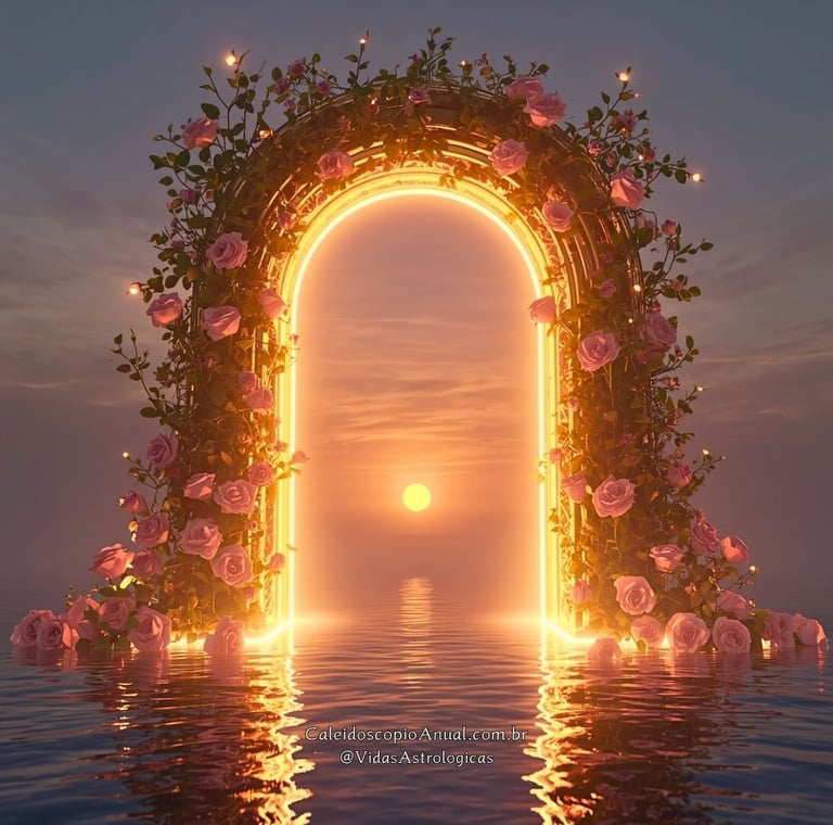 Portal monumental de pérola e ouro brilhando no pôr do sol com rosas, simbolizando o ápice da prosperidade e diplomacia.