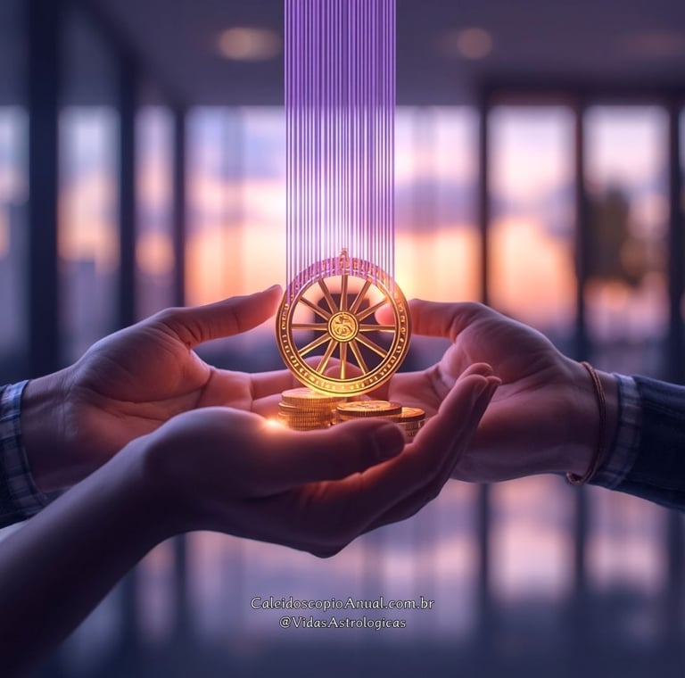Mãos tecendo fios de luz roxa e moedas de ouro em escritório, simbolizando lucro através da empatia e pragmatismo.
