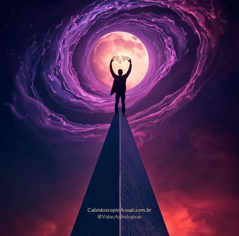 Pessoa no topo de arranha-céu moldando energia violeta e fogo em um diamante, simbolizando sucesso na carreira e magnetismo.