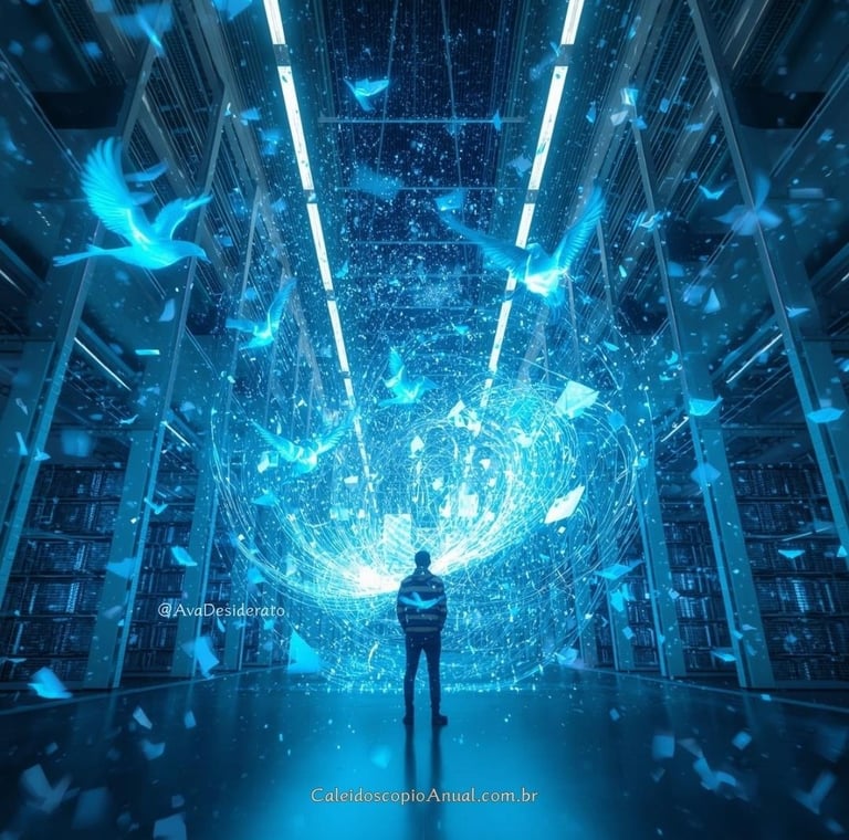 Vento de luz e pássaros holográficos em ambiente tecnológico, simbolizando a revolução mental de Urano em Gêmeos.