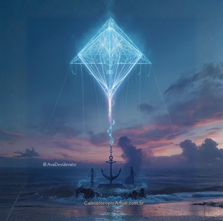 Pipa mística no céu crepuscular com figuras simbólicas, representando equilíbrio, verdade e transformação astrológica.
