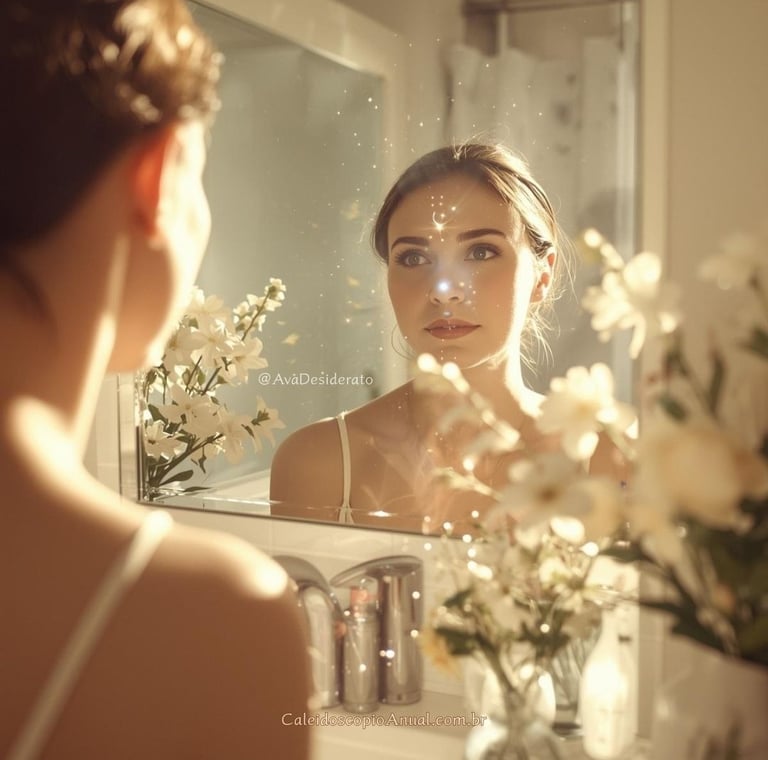 Pessoa refletida em espelho iluminado com flores, simbolizando o despertar da autoestima e cura interior.