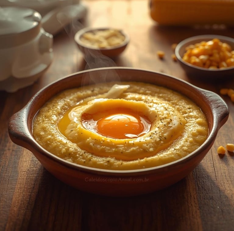 Polenta cremosa gema mole: prato milho ovo sol conforto nutrição alegria sustento abundância ouro