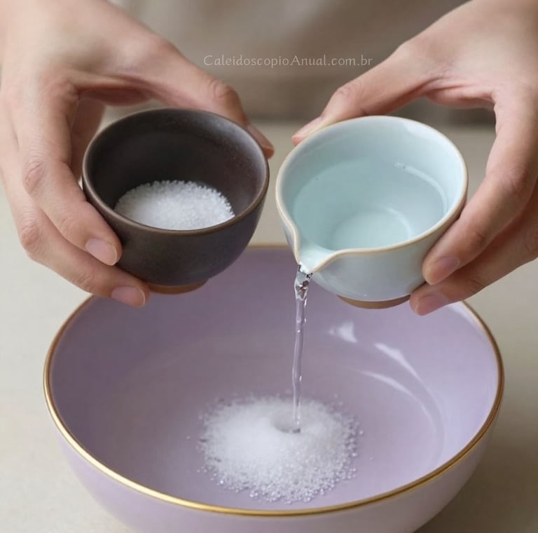 Duas mãos seguram duas xícaras de cerâmica simples e belas. Uma de cor escura com sal e outra clara com água.