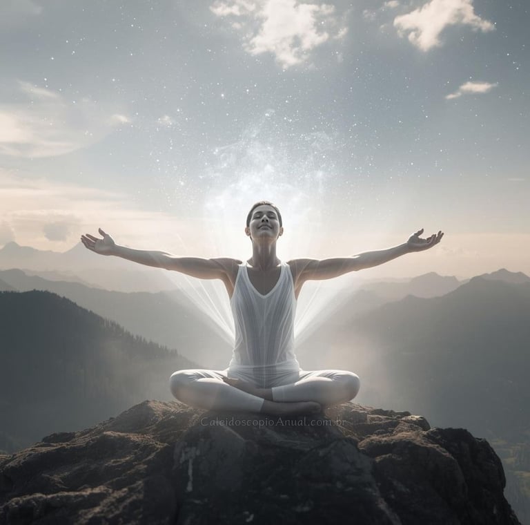 Mulher de braços abertos no alto de uma montanha, a frente de um vale montanhoso banhado pela luz do Sol Divina