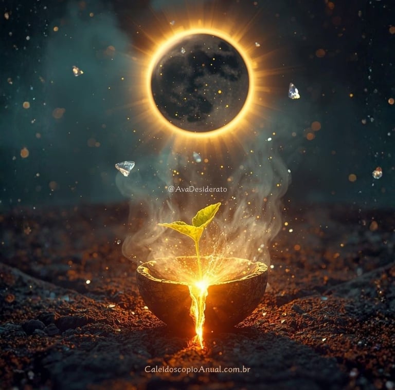 Semente de luz brotando em solo vulcânico sob Lua Nova em Áries, simbolizando cura, coragem e novos começos