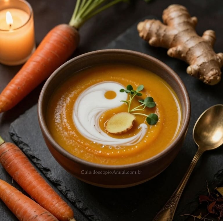 Cenoura e gengibre unidos em sopa-creme dourada, simbolizando equilíbrio entre os elementos Terra e Fogo.
