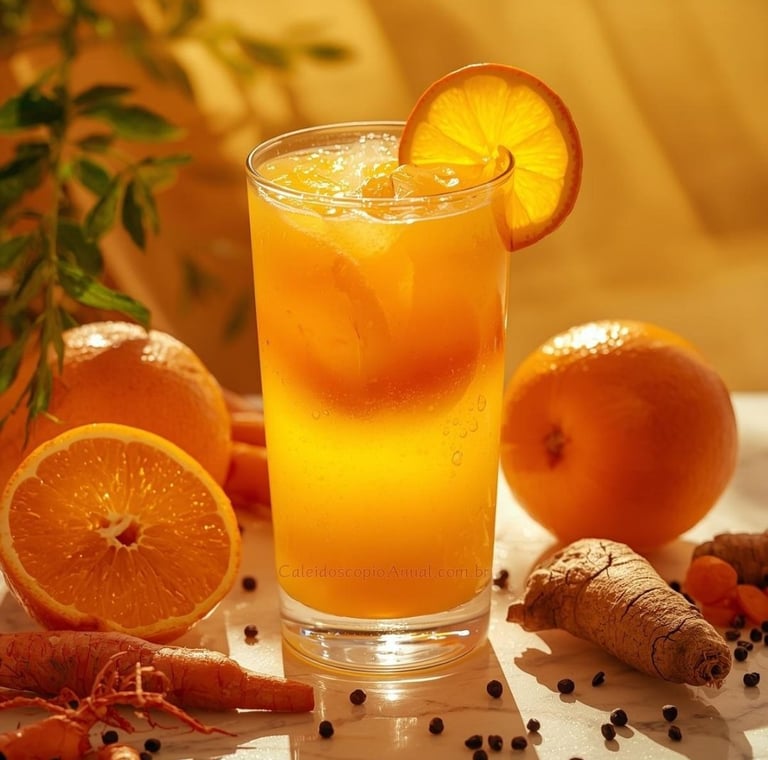 Suco laranja cenoura açafrão: bebida solar energética vitaminas vitalidade cúrcuma anti-inflamatório