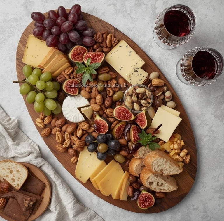 Tábua de Frios, Frutas e Pães distribuídas ricamente ao lado de 2 taças de Vinho