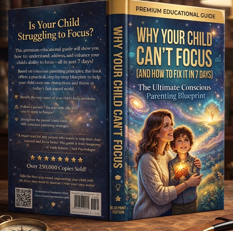 A conscious parenting book titled Why Your Child Can't Focus, displayed on a desk with a mother and child illustration.