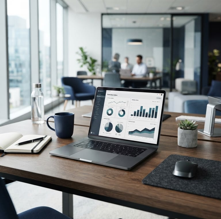 Modern office environment, bright natural office lighting, clean desk setup with a laptop showing marketing analytics, professional corporate photography, sharp focus, 35mm