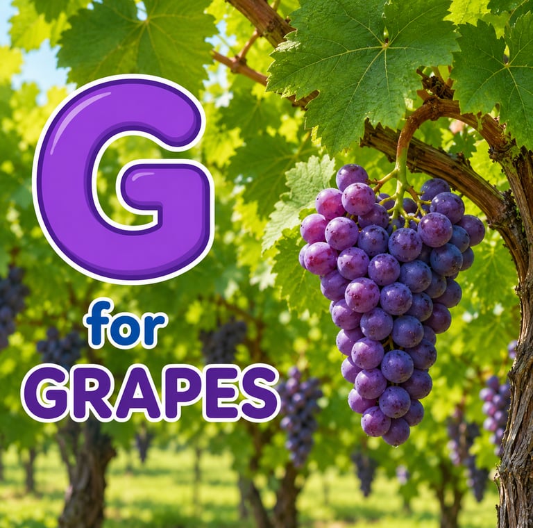 A bunch of purple grapes on a vine with a large letter G for educational alphabet learning.