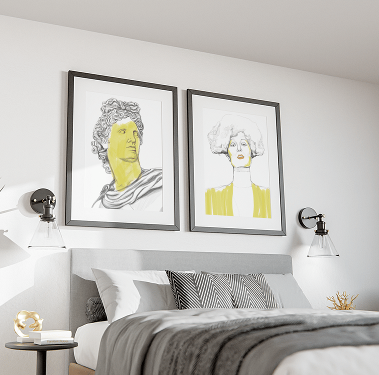 Sypialnia z autorskimi plakatami autorstwa Justyny Grodzkiej